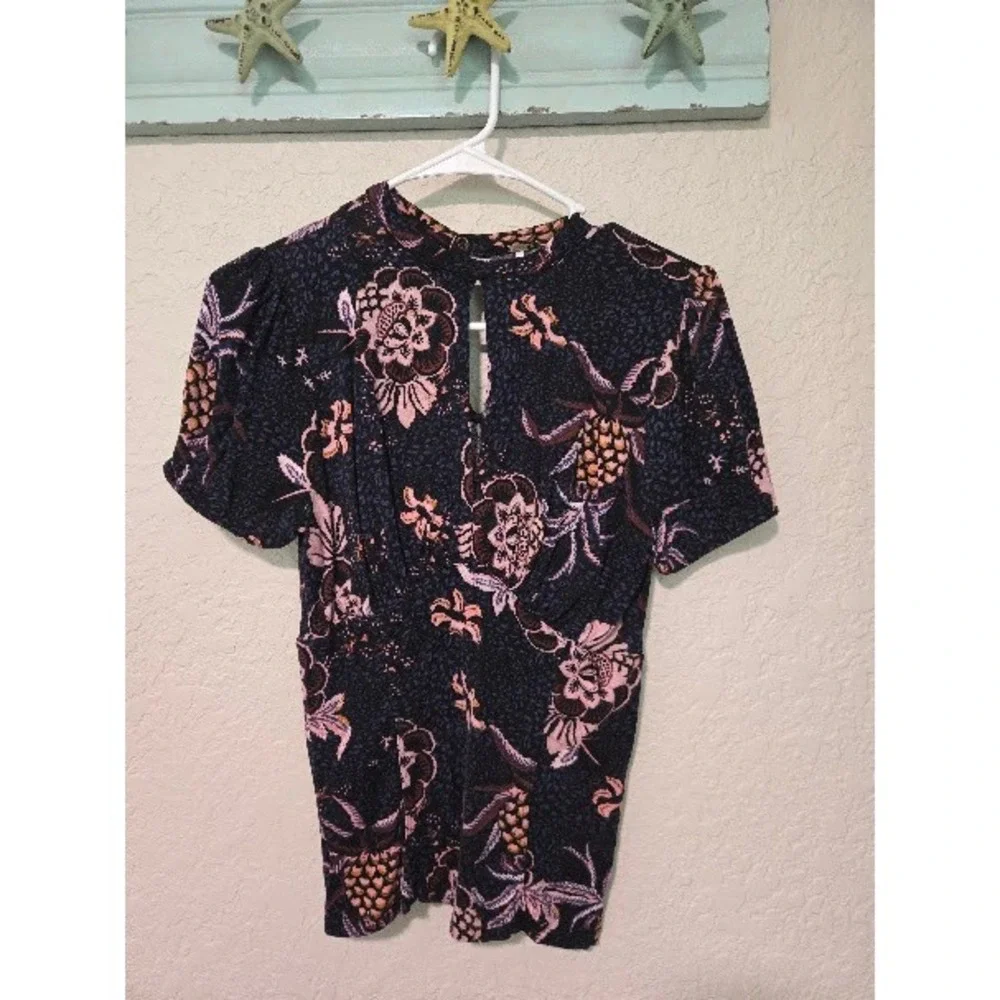 Free People Mixed Floral Pineapple Print Keyhole Mock Neck Puff Sleeve Top Small